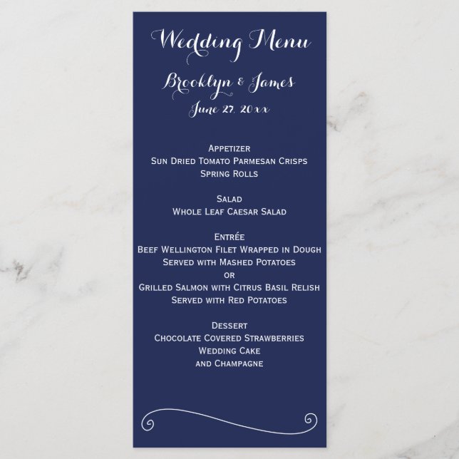 Navy Blue Elegant Wedding Menu Card (Front)