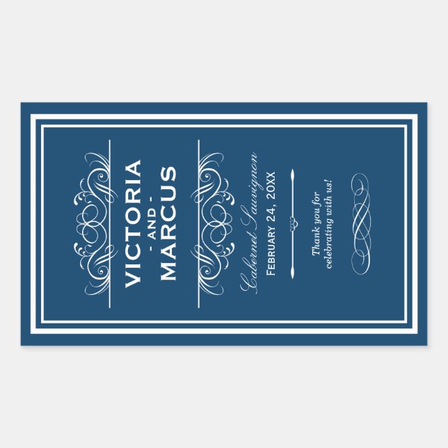 Navy Blue Elegant Wedding Monogram Wine Bottle Rectangular Sticker (Front)