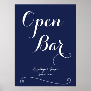 Navy Blue Elegant Wedding Open Bar Sign 18x24