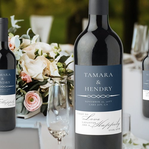 Navy Blue Elegant Wedding Toast Wine Label