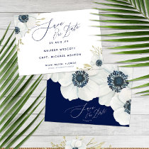 Navy Blue 💍 Elegant White Anemone Wedding  Save The Date