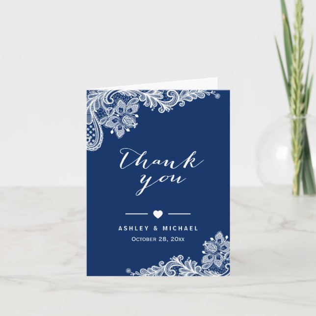 Navy Blue Elegant White Lace Floral Thank You (Front)