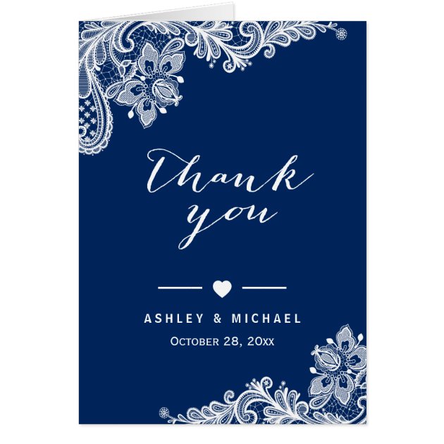 Navy Blue Elegant White Lace Floral Thank You Card