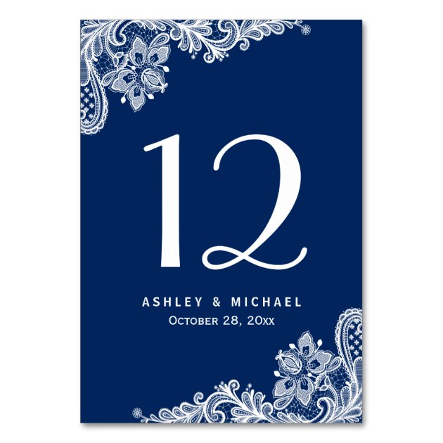 Navy Blue Elegant White Lace Wedding Table Number Card