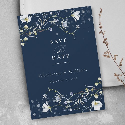 Navy Blue Elegant Wildflower Wedding Save the Date Invitation