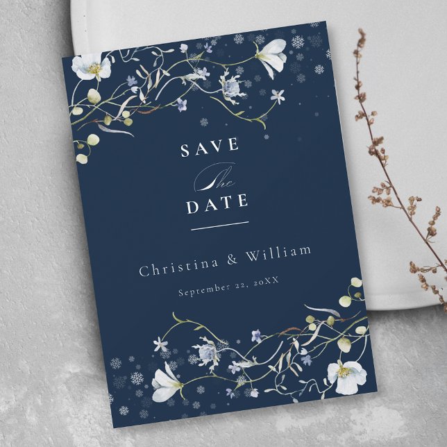 Navy Blue Elegant Wildflower Wedding Save the Date Invitation (Creator Uploaded)