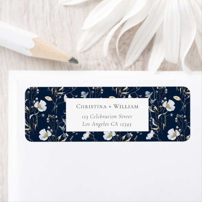 Navy Blue Elegant Winter Wildflower Wedding Addres Label (Insitu)