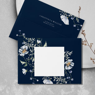 Navy Blue Elegant Winter Wildflowers Wedding Envelope