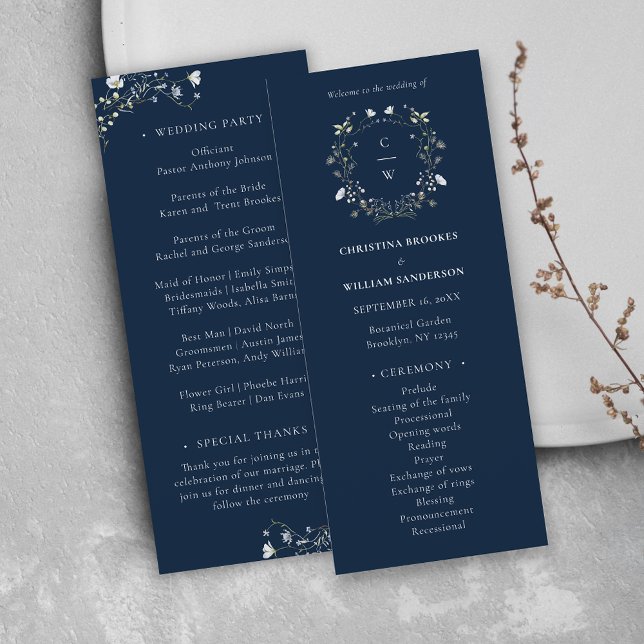 Navy Blue Elegant Winter Wildflowers Wedding Program (Creator Uploaded)