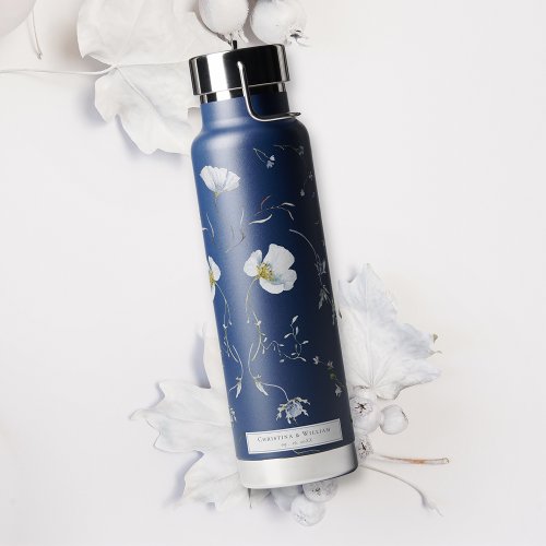 Navy Blue Elegant Winter Wildflowers Wedding Water Bottle