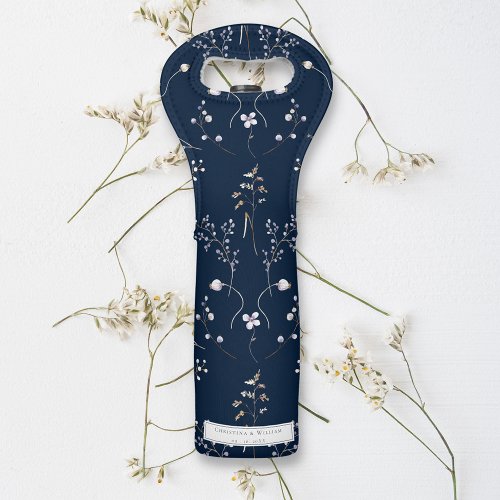 Navy Blue Elegant Winter Wildflowers Wedding Wine Bag