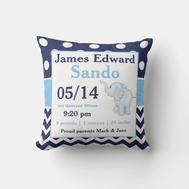 Navy Blue Elephant Baby Announcement Pillow (Front)