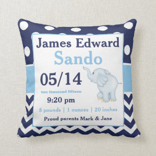 Navy Blue Elephant Baby Announcement Pillow