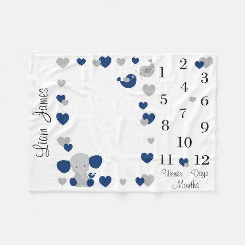 Navy Blue Elephant Baby Boy Newborn Monthly Month Fleece Blanket