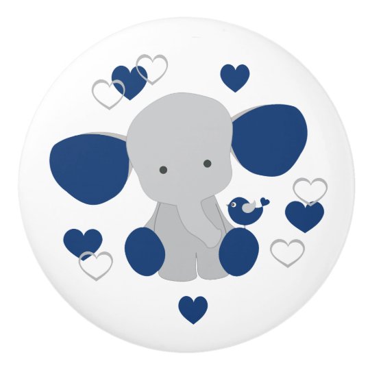 Navy Blue Elephant Baby Boy Nursery Hearts Dresser Ceramic Knob