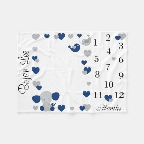 Navy Blue Elephant Baby Milestone Month Photo Prop Fleece Blanket