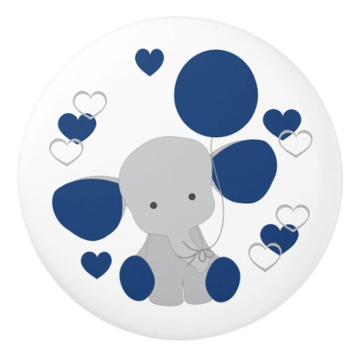 Navy Blue Elephant Balloon Hearts Baby Boy Nursery Ceramic Knob