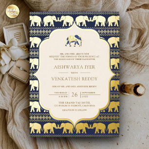 Navy Blue Elephant Indian Photo Wedding Gold Foil Invitation