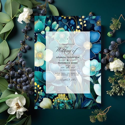 Navy Blue Emerald Green and Silver Floral Wedding Invitation