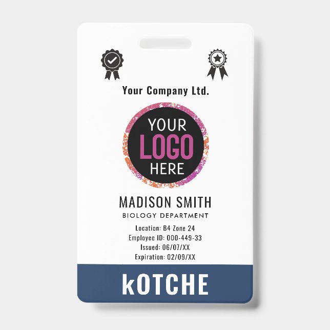 Navy Blue Employee Name Business Logo kotche Badge (Front)