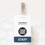 Navy Blue Employee Name Business Logo Staff Tag Badge<br><div class="desc">Easily personalize this Custom Administrative professional Name Badge without photo, with Scan Bar Code and large business logo. A simple business design in navy blue and white colors fully customizable in front and back sizes, sans-serif basic and modern fonts and a professional and clear look, perfect for small business employee,...</div>