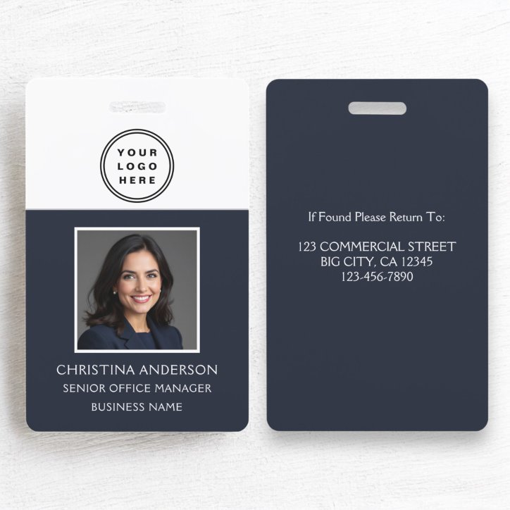 Navy Blue Employee Name Logo Photo Corporate Work Badge