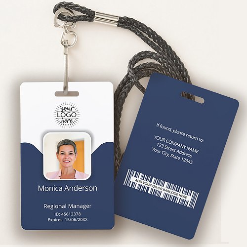 Navy Blue Employee Photo ID Name QR Bar Code Badge