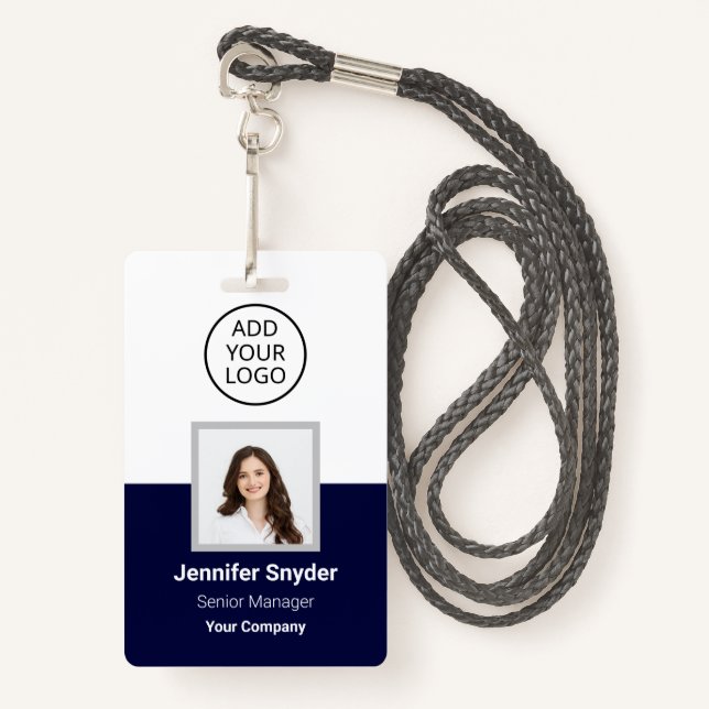 Navy Blue, Employee Photo ID w/ QR Code, Company Badge (Front with Lanyard)