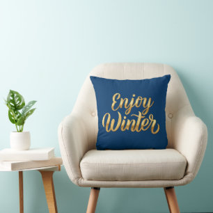 Navy Blue Enjoy Winter - Gold Script Holiday Decor Throw Pillow