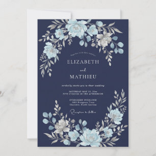 Navy Blue Ethereal Floral Wedding Invitation