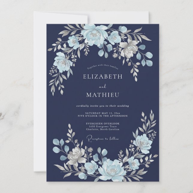 Navy Blue Ethereal Floral Wedding Invitation (Front)