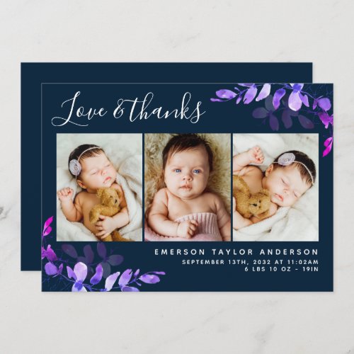 Navy Blue Eucalyptus 3 Photo Baby Birth Stats Thank You Card