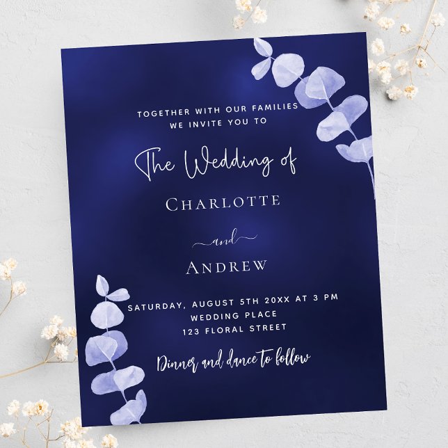 Navy blue eucalyptus budet wedding invitation flyer (Creator Uploaded)