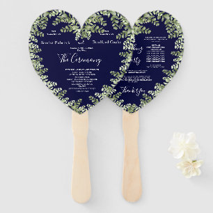 Navy Blue Eucalyptus Fall Autumn Heart Shaped Hand Fan
