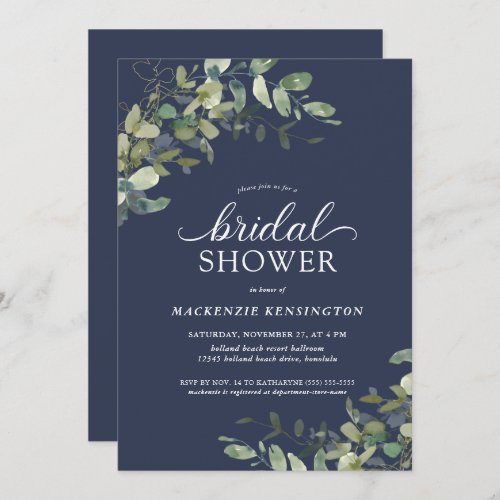 Navy Blue Eucalyptus Greenery Bridal Shower Invitation