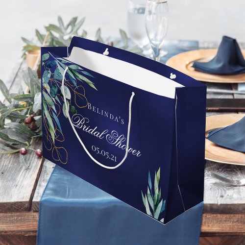 Navy blue eucalyptus greenery bridal shower large gift bag