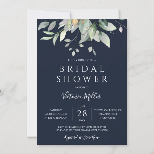 Navy Blue Eucalyptus Greenery Leaves Bridal Shower Invitation