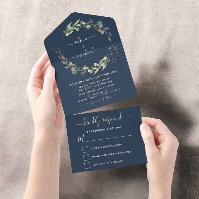 Navy Blue Eucalyptus Greenery Wedding Elegant All In One Invitation (Creator Uploaded)