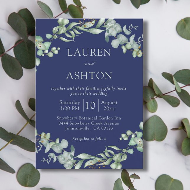 Navy Blue Eucalyptus Greenery Wedding Invitation (Creator Uploaded)