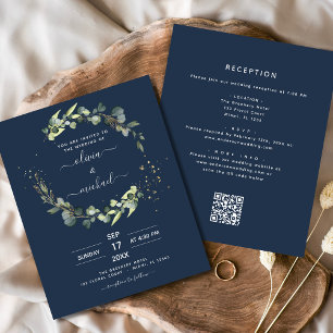Navy Blue Eucalyptus QR Code Wedding Invitation