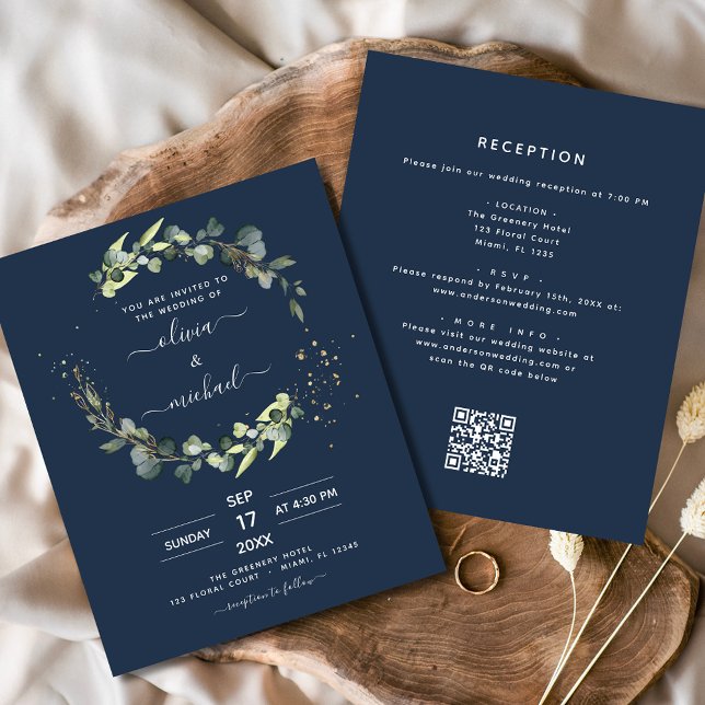 Navy Blue Eucalyptus QR Code Wedding Invitation (Creator Uploaded)