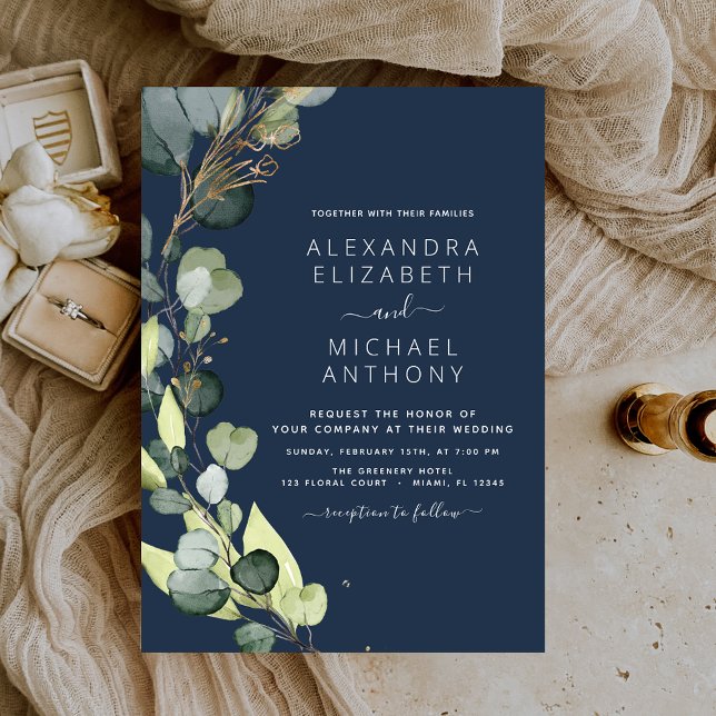 Navy Blue Eucalyptus Rustic Greenery Wedding Invitation (Creator Uploaded)
