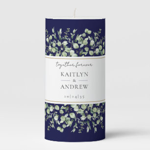 Navy Blue Eucalyptus Together Forever Wedding Pillar Candle