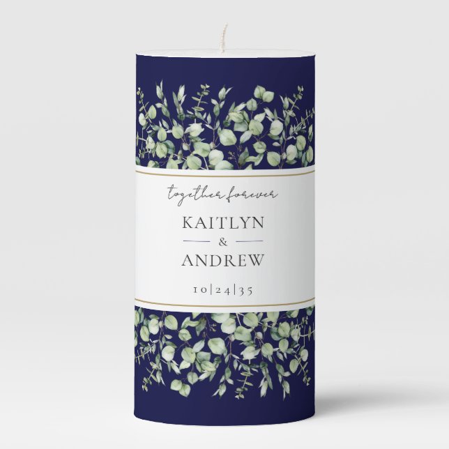 Navy Blue Eucalyptus Together Forever Wedding Pillar Candle (Front)