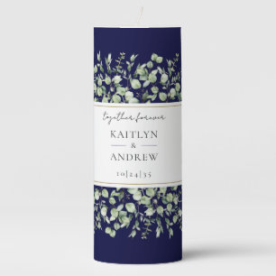 Navy Blue Eucalyptus Together Forever Wedding Pillar Candle