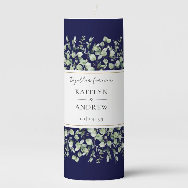 Navy Blue Eucalyptus Together Forever Wedding Pillar Candle (Front)