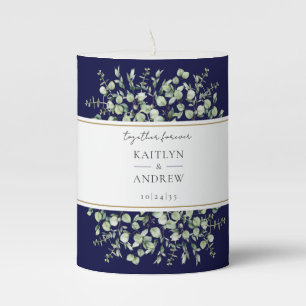 Navy Blue Eucalyptus Together Forever Wedding Pillar Candle