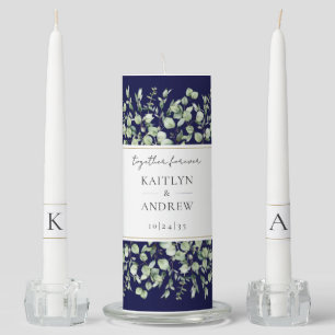 Navy Blue Eucalyptus Together Forever Wedding Unity Candle Set