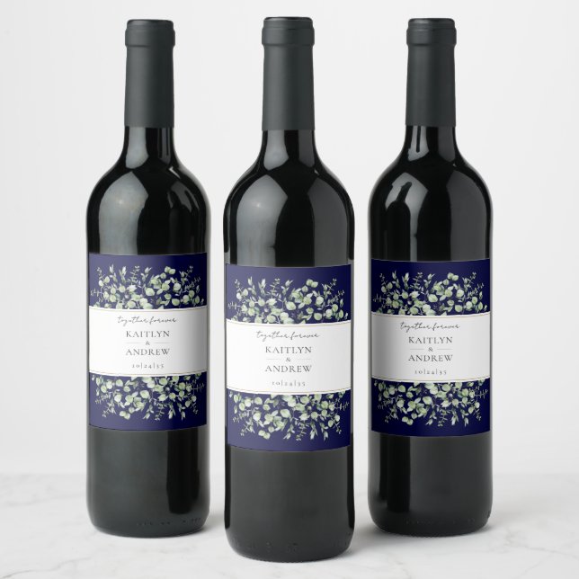 Navy Blue Eucalyptus Together Forever Wedding  Wine Label (Bottles)
