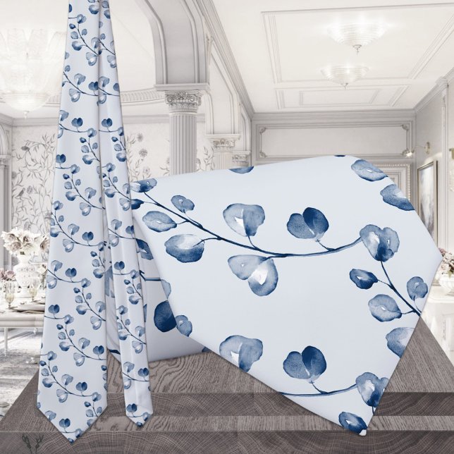 Navy Blue Eucalyptus Wedding Blush Gray Neck Tie (Creator Uploaded)